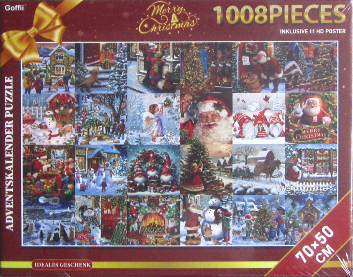 A collage of 20 festive Christmas scenes featuring Santa Claus, snowmen, holiday gnomes, and winter village landscapes.