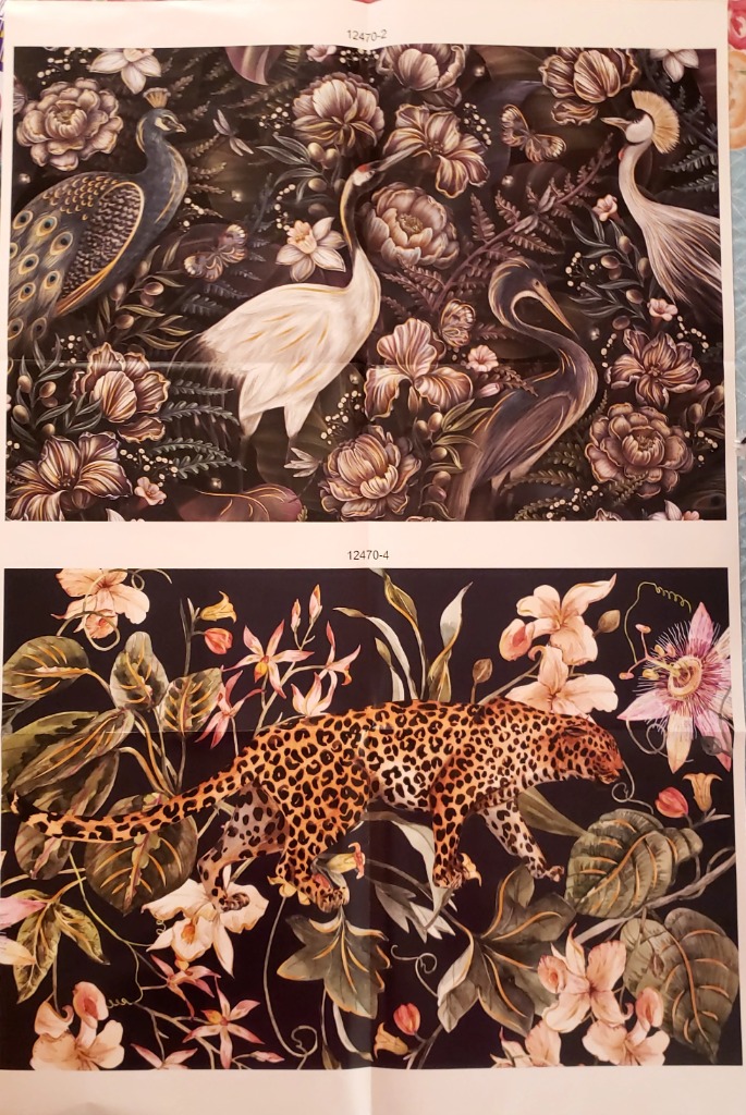 Two panels featuring exotic birds in a dark floral garden and a leopard amidst tropical flowers.