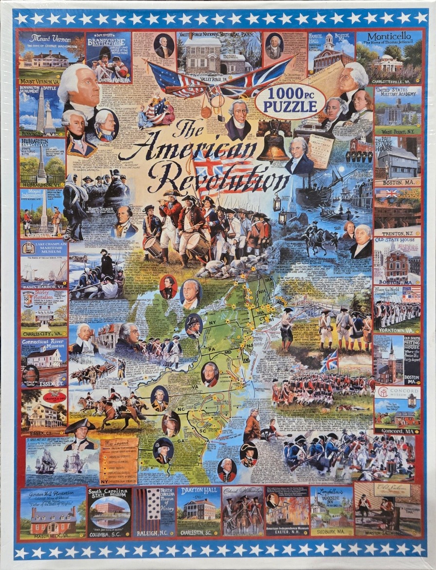 A collage illustration depicting the American Revolution, featuring a map, historical figures, and landmark vignettes.