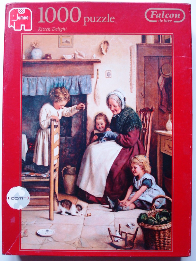 A nostalgic Victorian-style illustration showing an elderly woman teaching three young girls to sew near a fireplace.