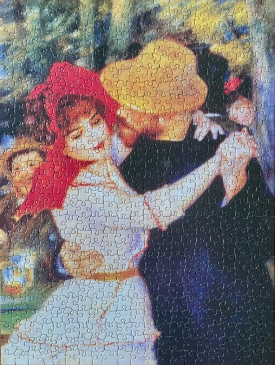 An impressionist painting of a woman in a red bonnet dancing with a man in a straw hat.