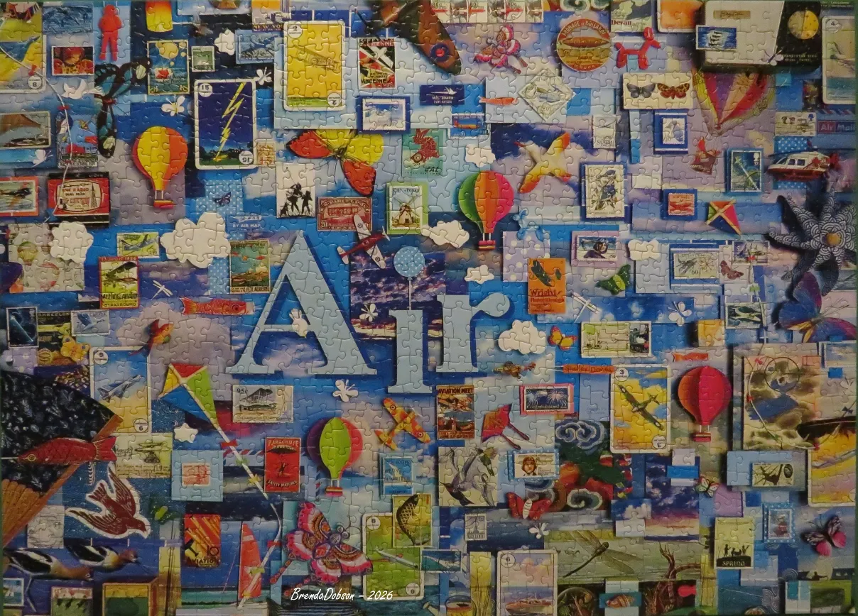 A collage of vintage airmail-themed stamps, aviation illustrations, and hot air balloons centered on the word Air.