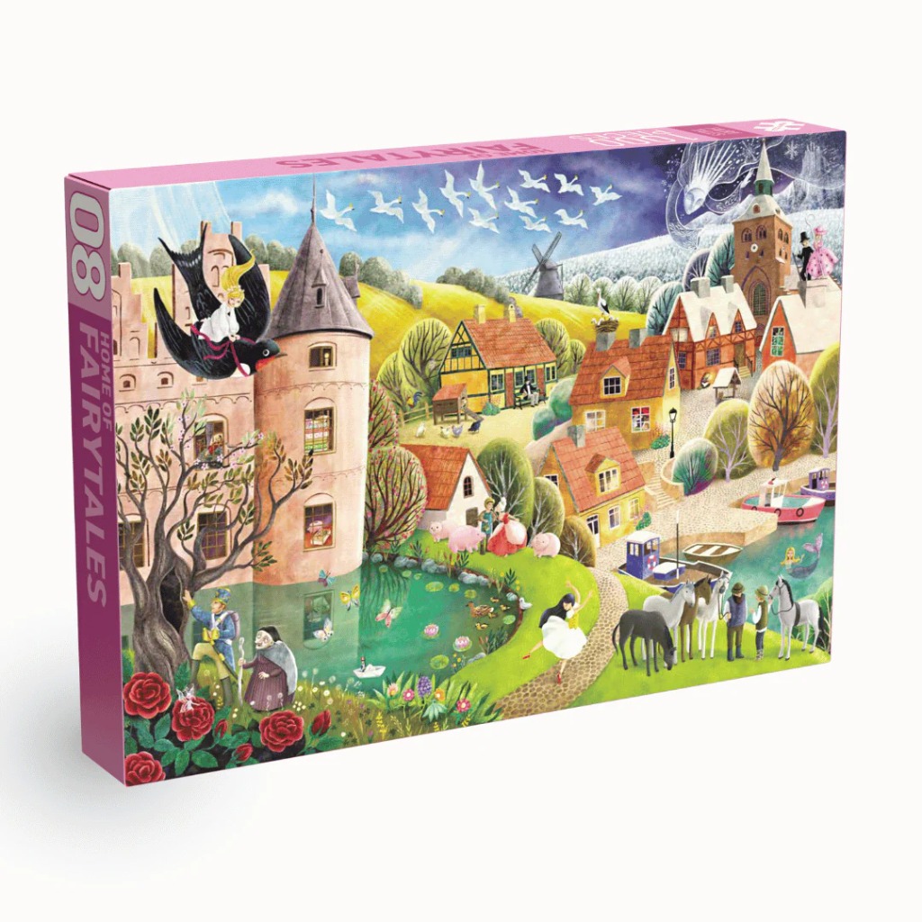 Illustration of a fairytale village featuring a castle, harbor, and various storybook characters.