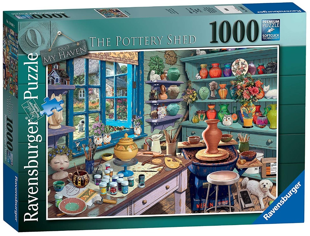 An illustration of a cozy, sunlit pottery shed filled with colorful vases, a spinning potter