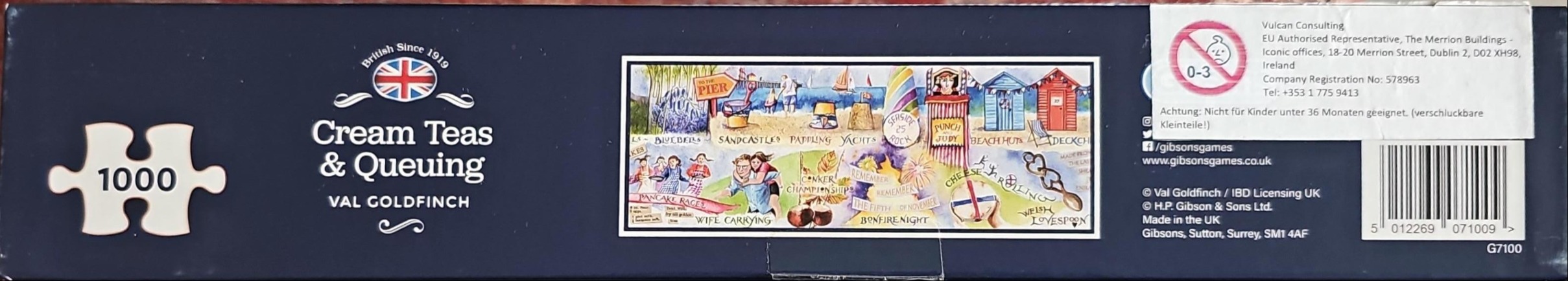 Illustrated collage of British cultural icons and seaside activities by Val Goldfinch.