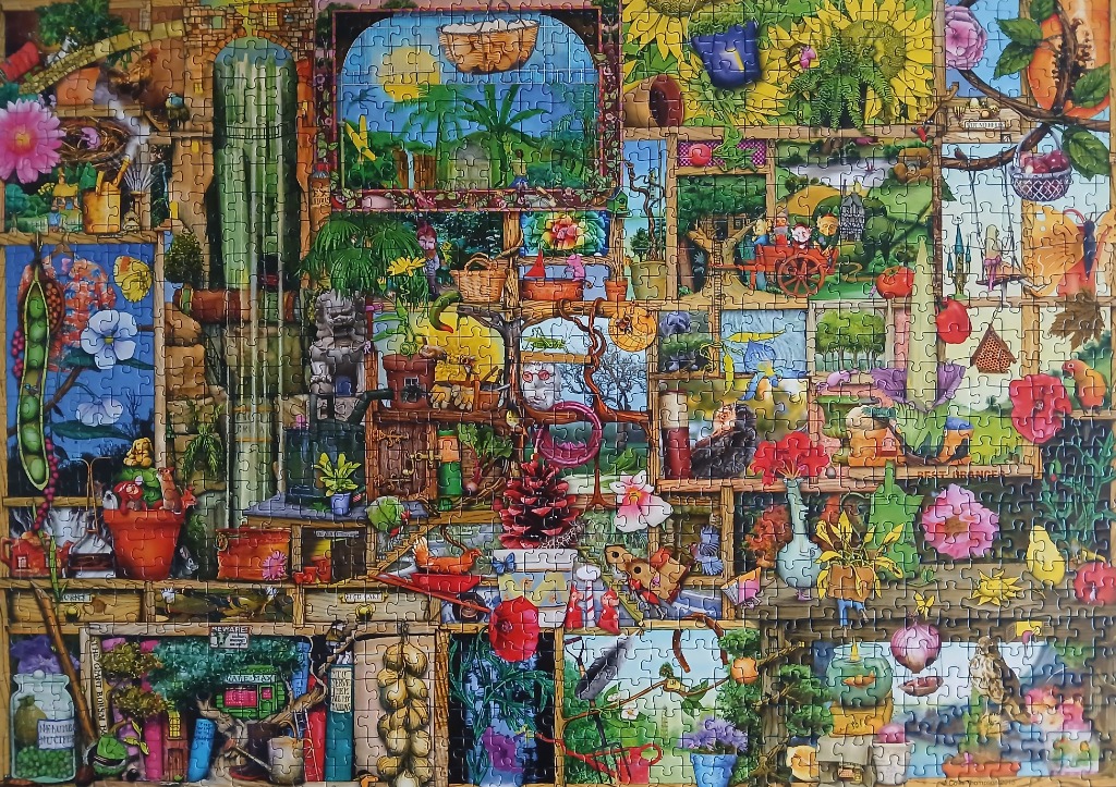 A complex, whimsical illustration of a multi-story house filled with curious objects, plants, and miniature scenes.