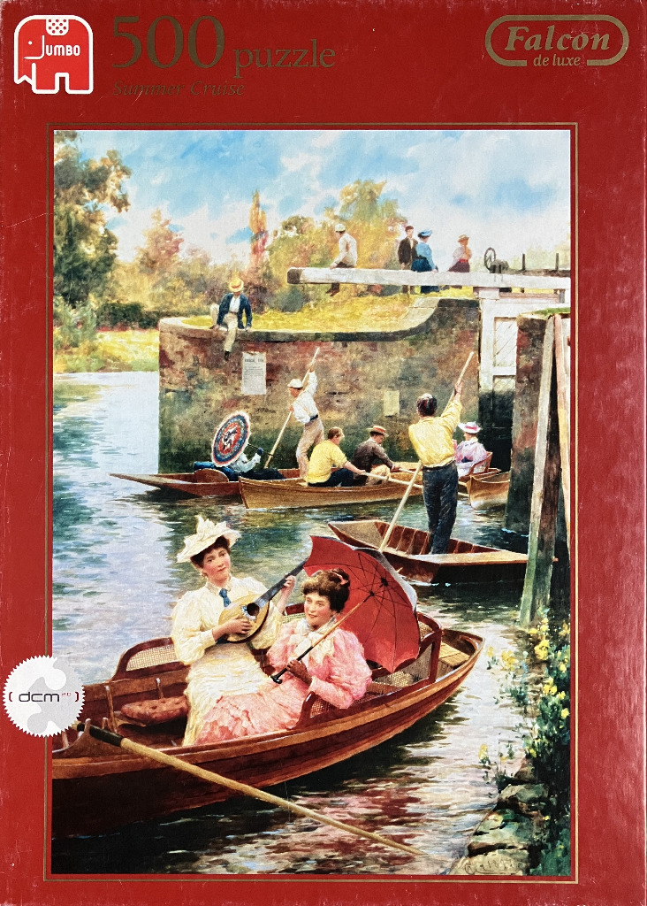 Painting of Victorian people boating on a river lock in summer