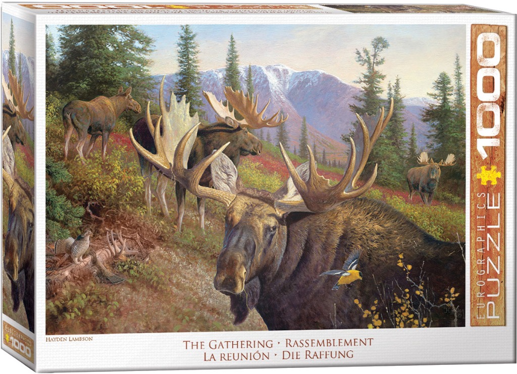 Oil painting of four moose in a mountainous autumn landscape with a yellow bird