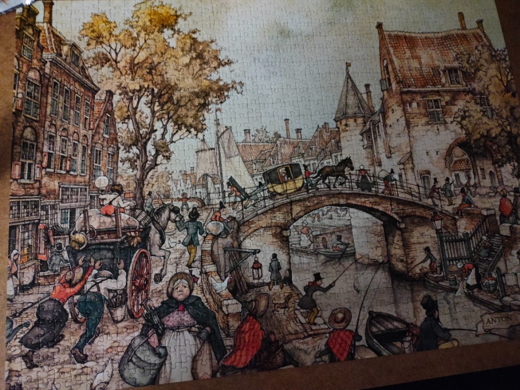 An illustration of a bustling 19th-century Dutch canal scene with horse-drawn carriages and figures in period clothing.