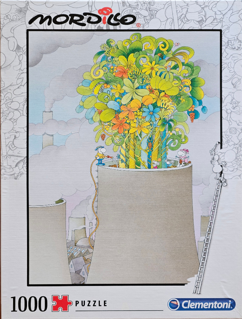 Cartoon illustration of a vibrant, colorful flower garden blooming from the top of a gray industrial cooling tower.