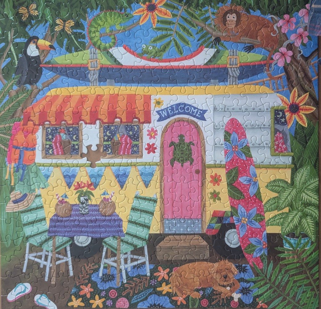 A whimsical illustration of a colorful camper trailer in a jungle setting with animals and tropical decor.