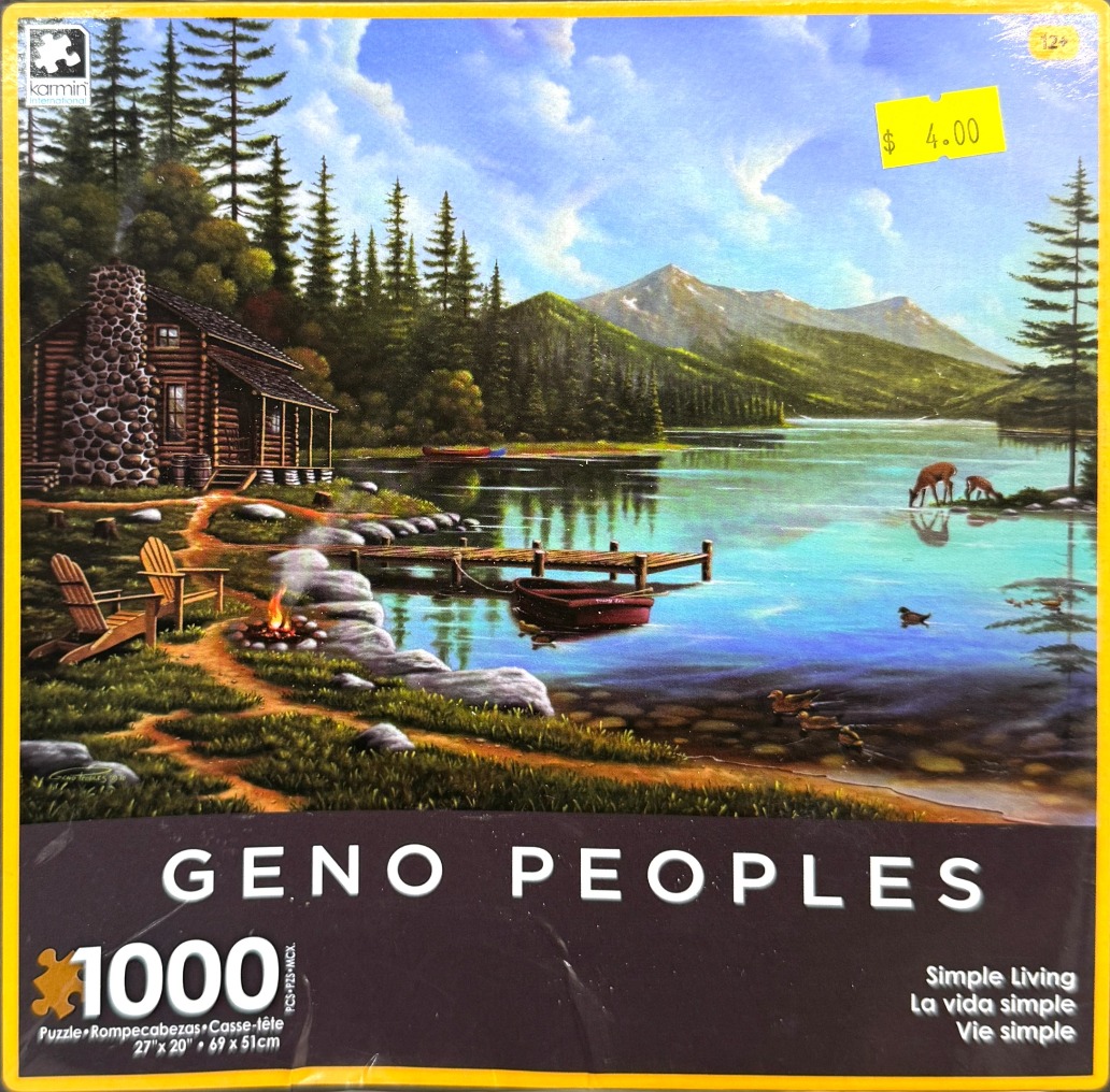A peaceful lakeside cabin scene with a log house, a fire pit, a wooden dock, and mountains in the background.