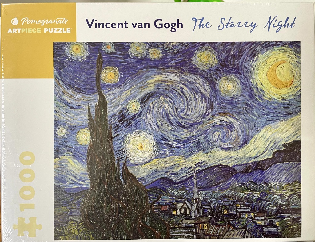 Vincent van Gogh's The Starry Night painting featuring swirling blue skies, a large cypress tree, and a quiet village.
