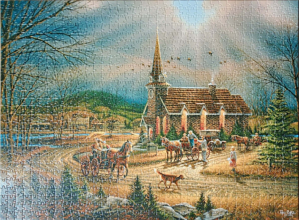 A nostalgic winter scene of a stone church with horse-drawn carriages and people in a snowy landscape.
