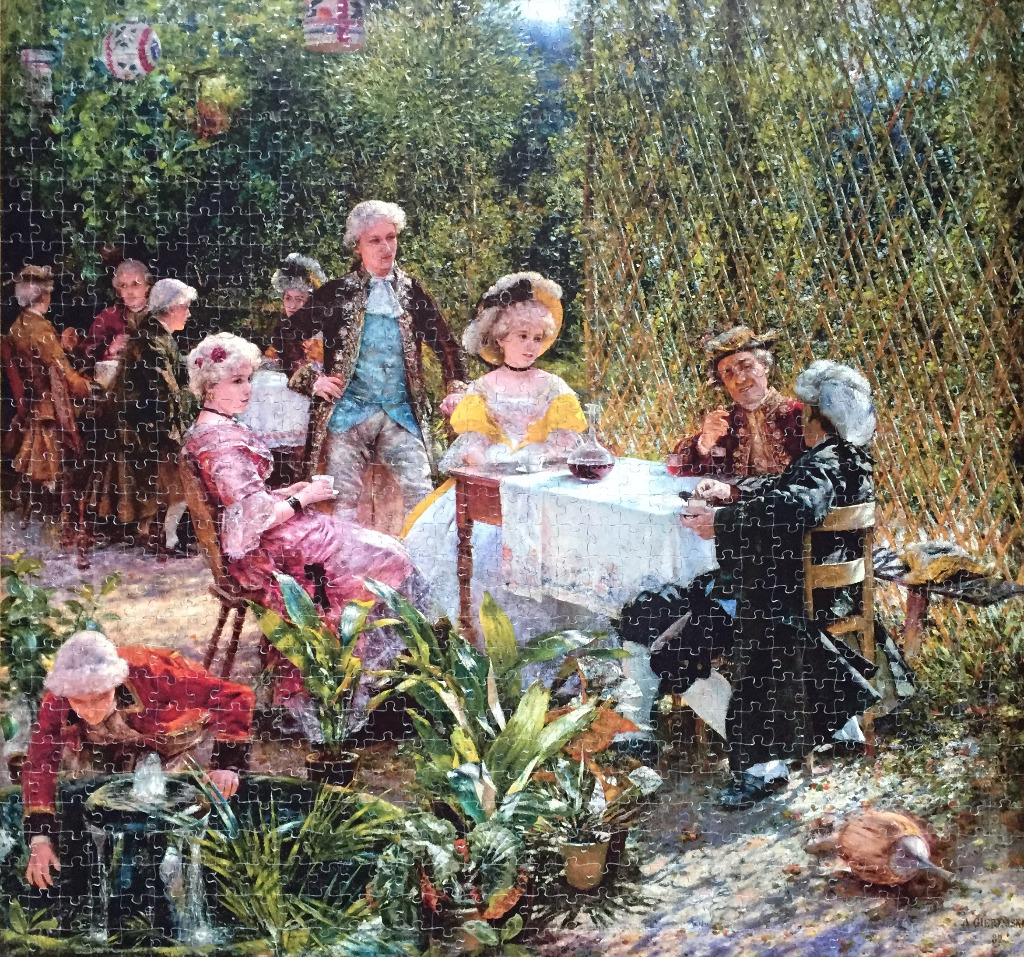 An 18th-century style garden scene with people in historical costumes having tea near a small fountain.
