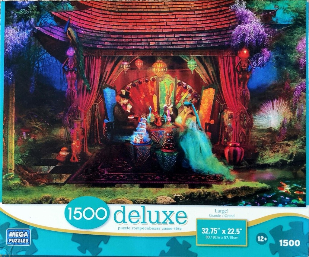 A whimsical scene of Alice in Wonderland characters having tea inside an ornate, glowing pagoda.