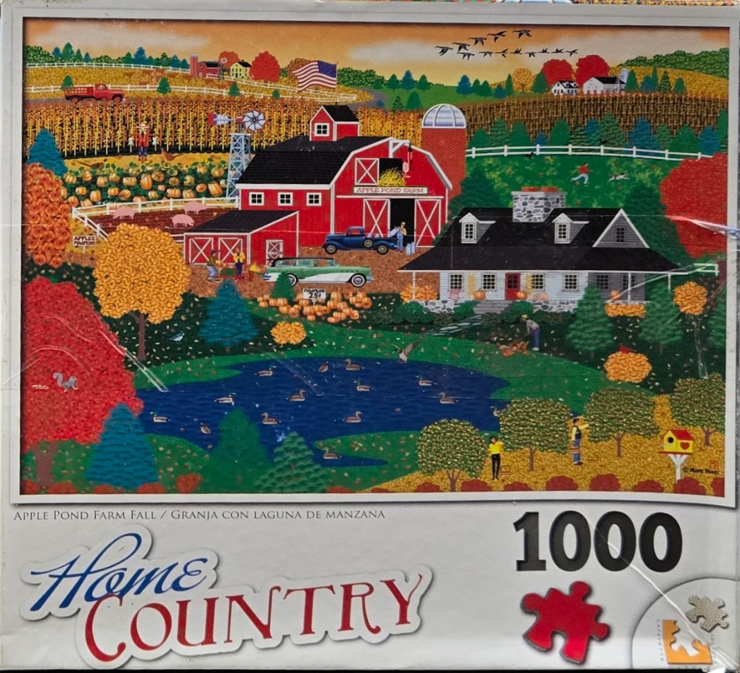 Folk art illustration of a colorful autumn farm scene featuring a red barn, farmhouse, pond, and people harvesting.