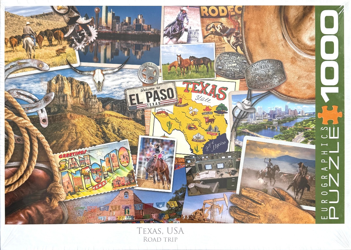 A collage of various images and artifacts representing Texas, including landmarks, rodeo scenes, and western gear.