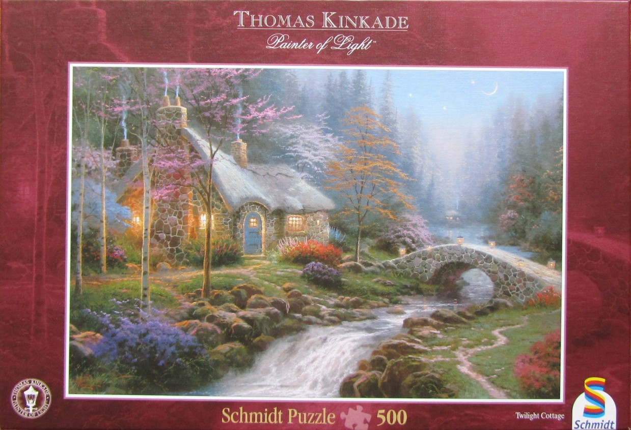 A cozy stone cottage with a thatched roof sits beside a stream and stone bridge in a twilight forest scene.
