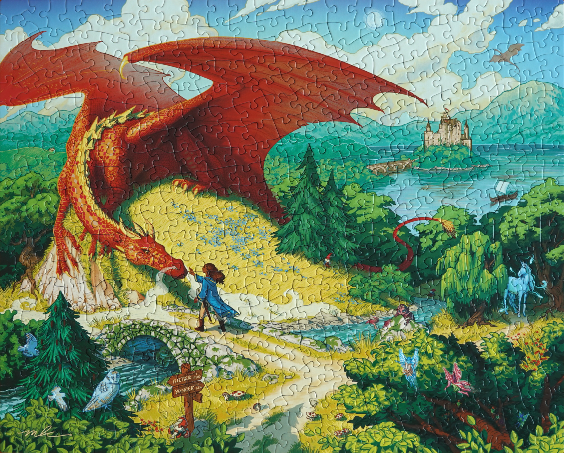 Fantasy illustration of a person meeting a giant red dragon in a lush, magical forest landscape.