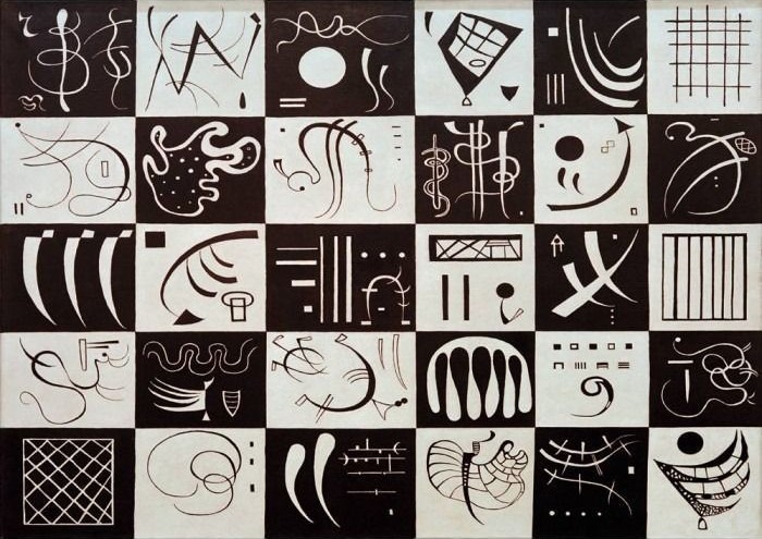 A black and white grid containing various abstract geometric shapes, calligraphic lines, and symbolic patterns.
