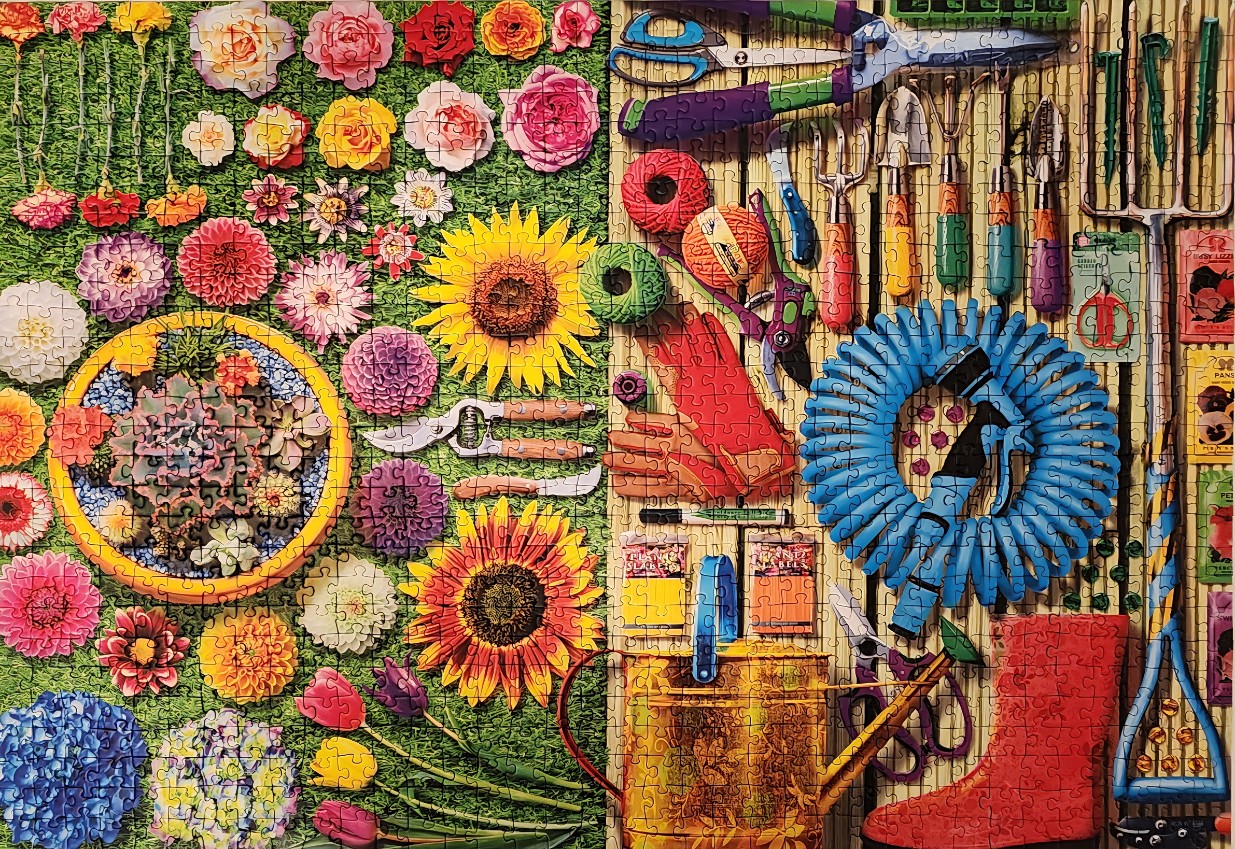 A split composition of colorful cut flowers on the left and various gardening tools arranged on a wooden background.