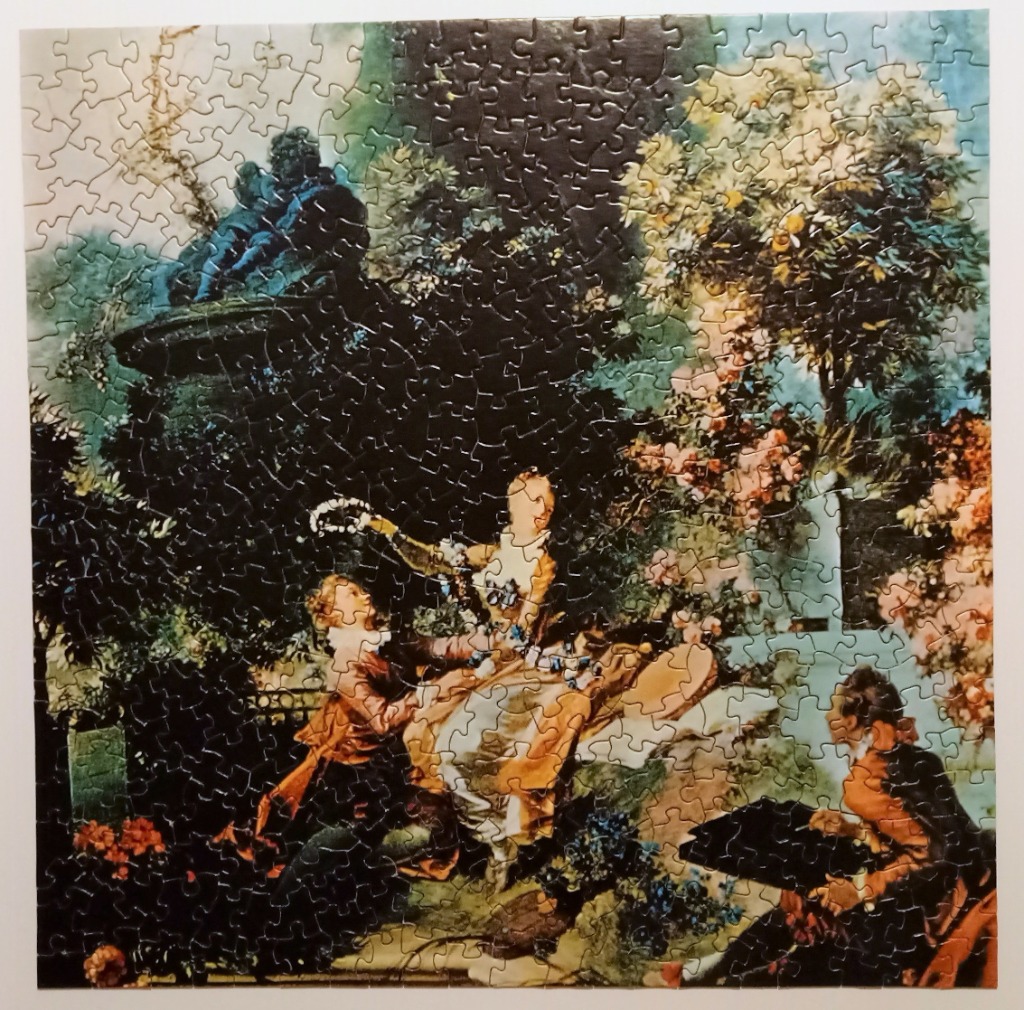 A romantic 18th-century painting depicting a courtship scene in a lush, shadowed garden.