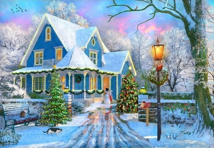 A blue Victorian-style house decorated for Christmas, featuring a snowy yard, a snowman, and Christmas trees.