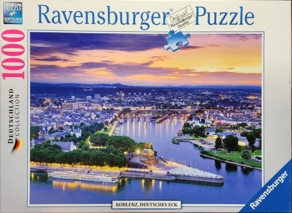 A dusk aerial view of the Deutsches Eck monument in Koblenz where the Moselle and Rhine rivers meet.
