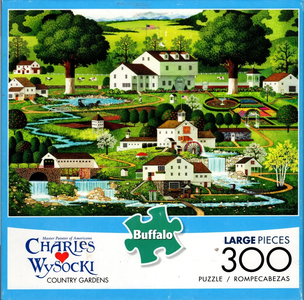 Folk art painting of a rolling countryside landscape with white farmhouses, gardens, and a watermill.