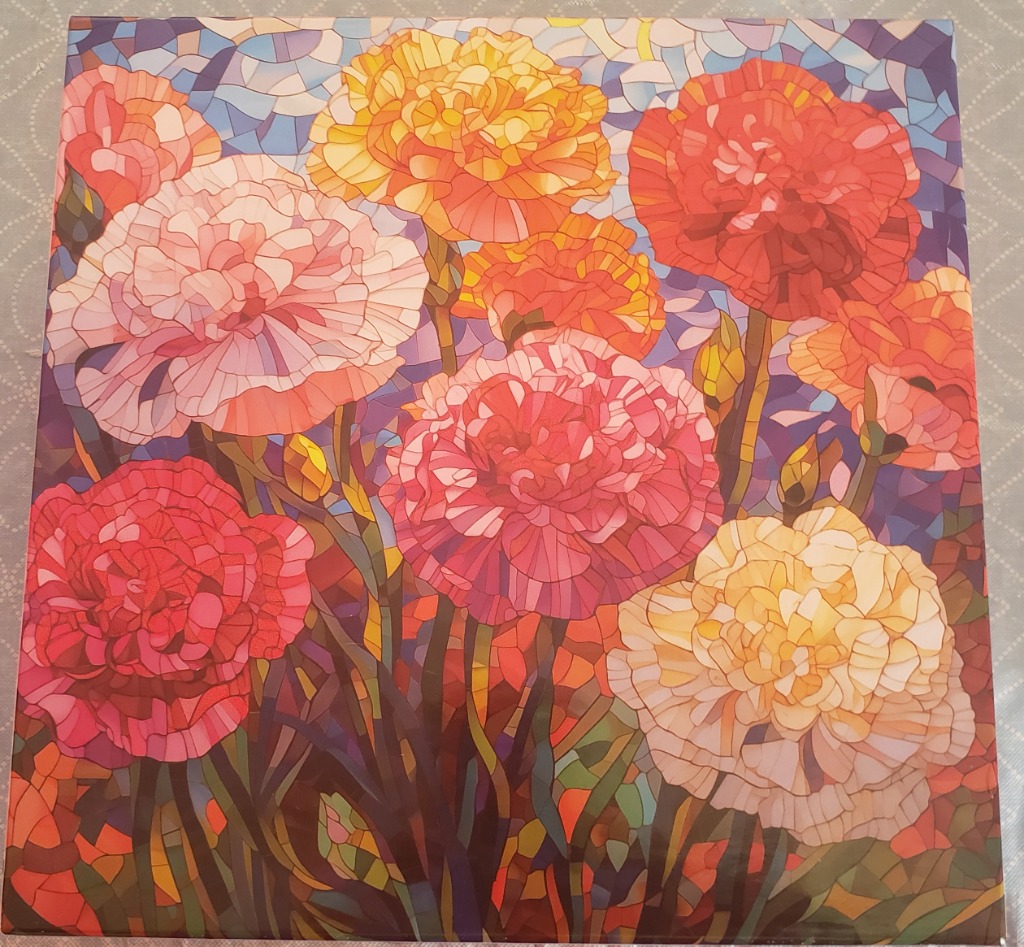 A mosaic-style illustration of several brightly colored carnation flowers