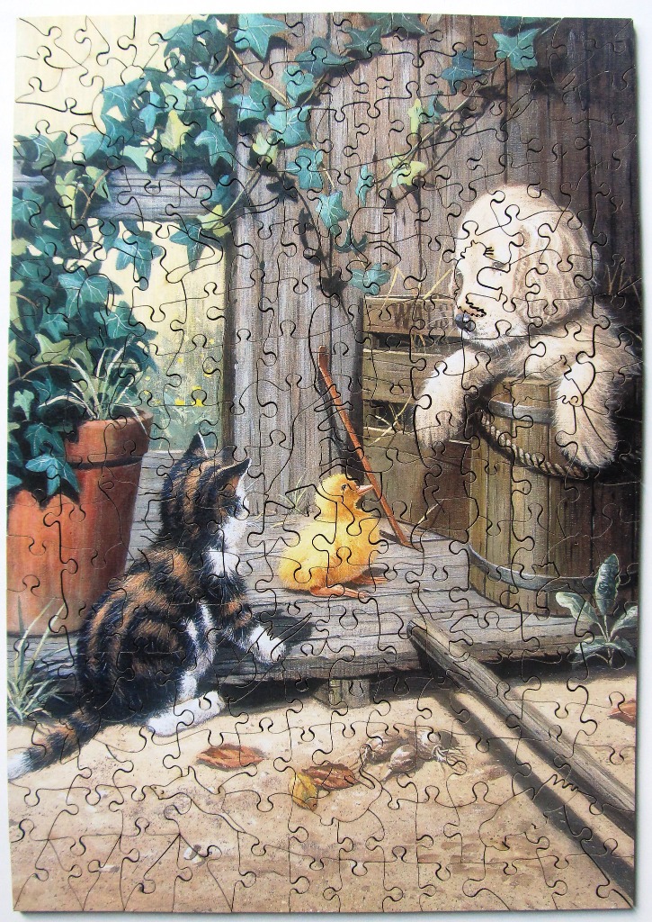 A kitten, a duckling, and a golden puppy meeting in a rustic garden setting.