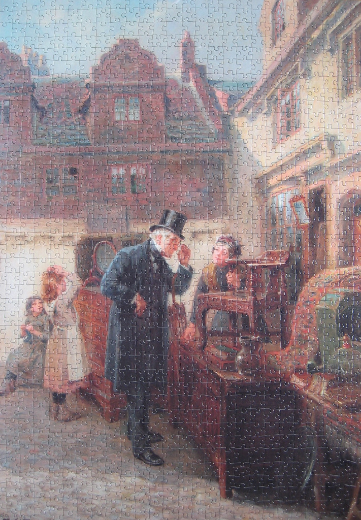 Victorian-era scene of a gentleman browsing an antique shop storefront on a cobbled street.