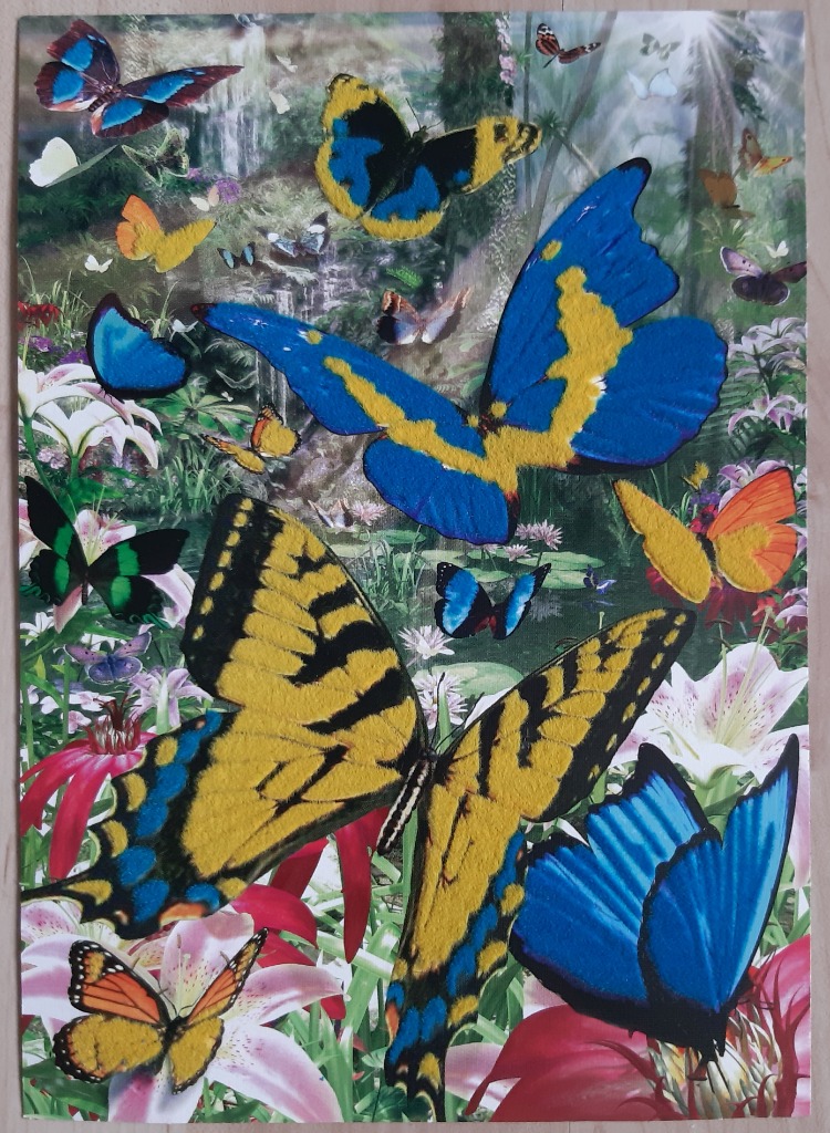 A lush, vibrant garden scene filled with numerous colorful butterflies in flight and resting on flowers.