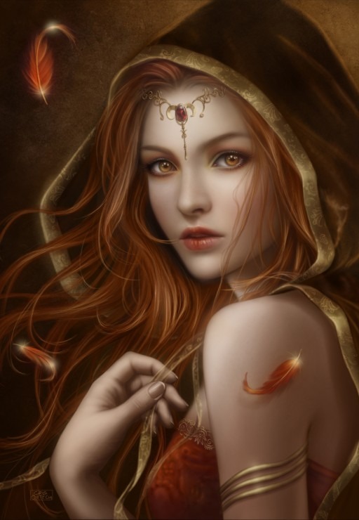 A digital painting of a woman with long red hair wearing a hooded cloak, golden forehead jewelry, and red feathers.