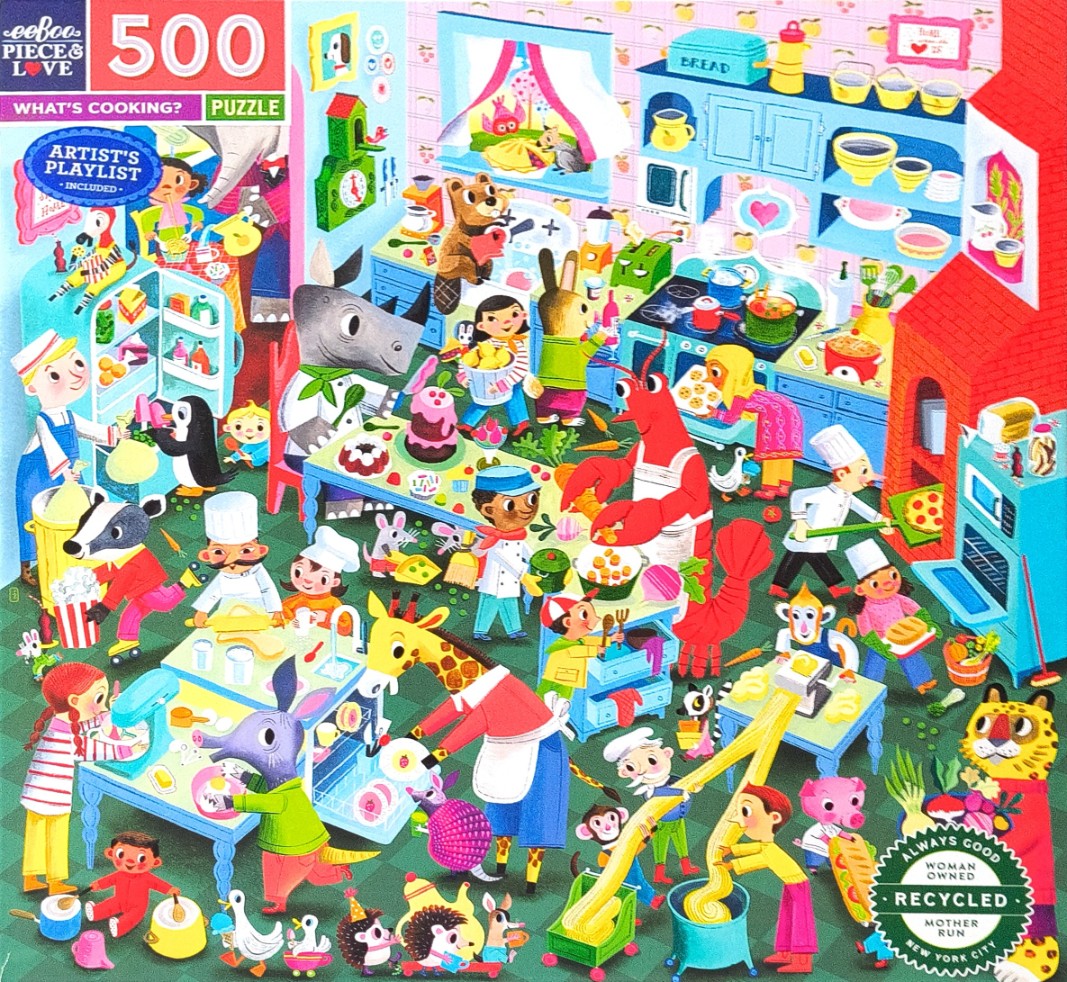 Whimsical illustration of a chaotic, busy kitchen filled with human and animal chefs working together.