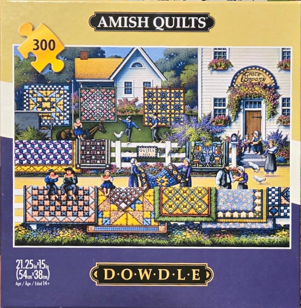 A folk-art style illustration depicting a rural market scene with colorful quilts, traditional houses, and people.