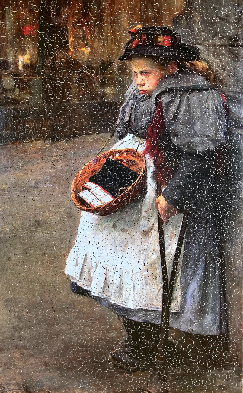 A Victorian-era girl in a dark cape and bonnet carrying a basket of flowers, painted in a realistic, somber style.