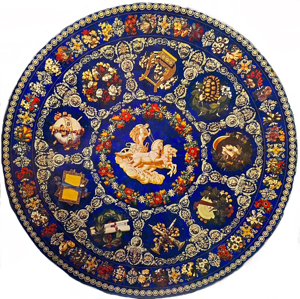 Circular Neoclassical artwork featuring a central chariot, floral garlands, and gold emblems on a deep blue background.