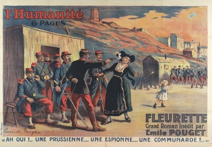 Historical illustration of a woman confronting soldiers in a camp setting with a child running in the background.