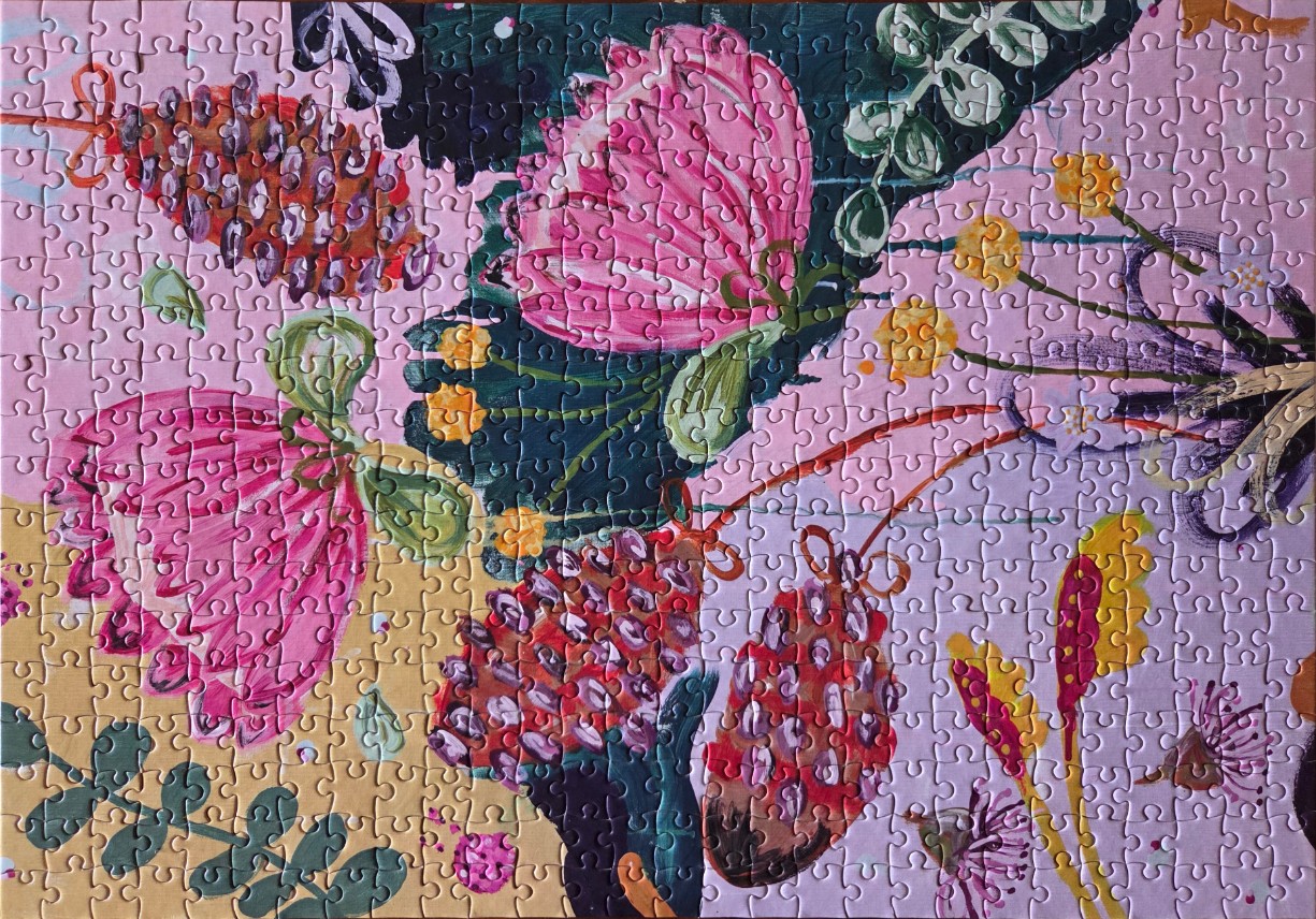Abstract botanical painting featuring pink protea flowers and pinecones on a lavender and gold background.
