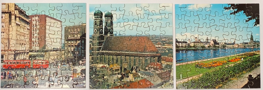 Triptych of vintage-style postcards showing urban scenes in Essen, Munich, and Frankfurt, Germany.