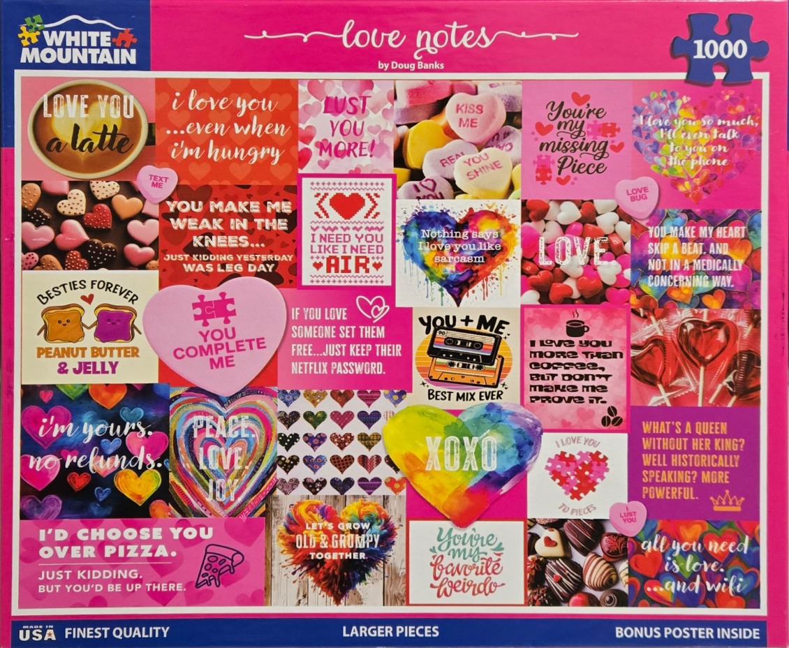 A collage of romantic and humorous love-themed quotes, hearts, and candy art in bright pink and rainbow colors.
