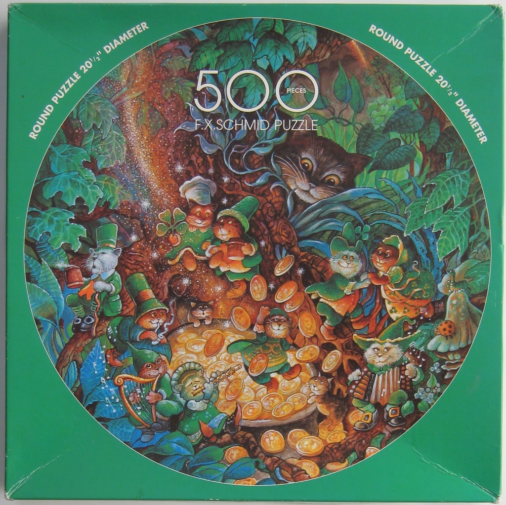A whimsical illustration of anthropomorphic cats dressed as leprechauns playing music and dancing around a pot of gold.