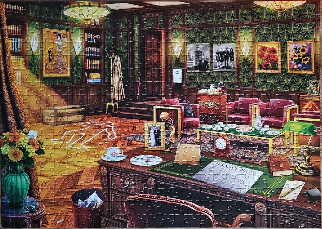 A luxurious study with a chalk outline, red velvet furniture, and a detailed desk.