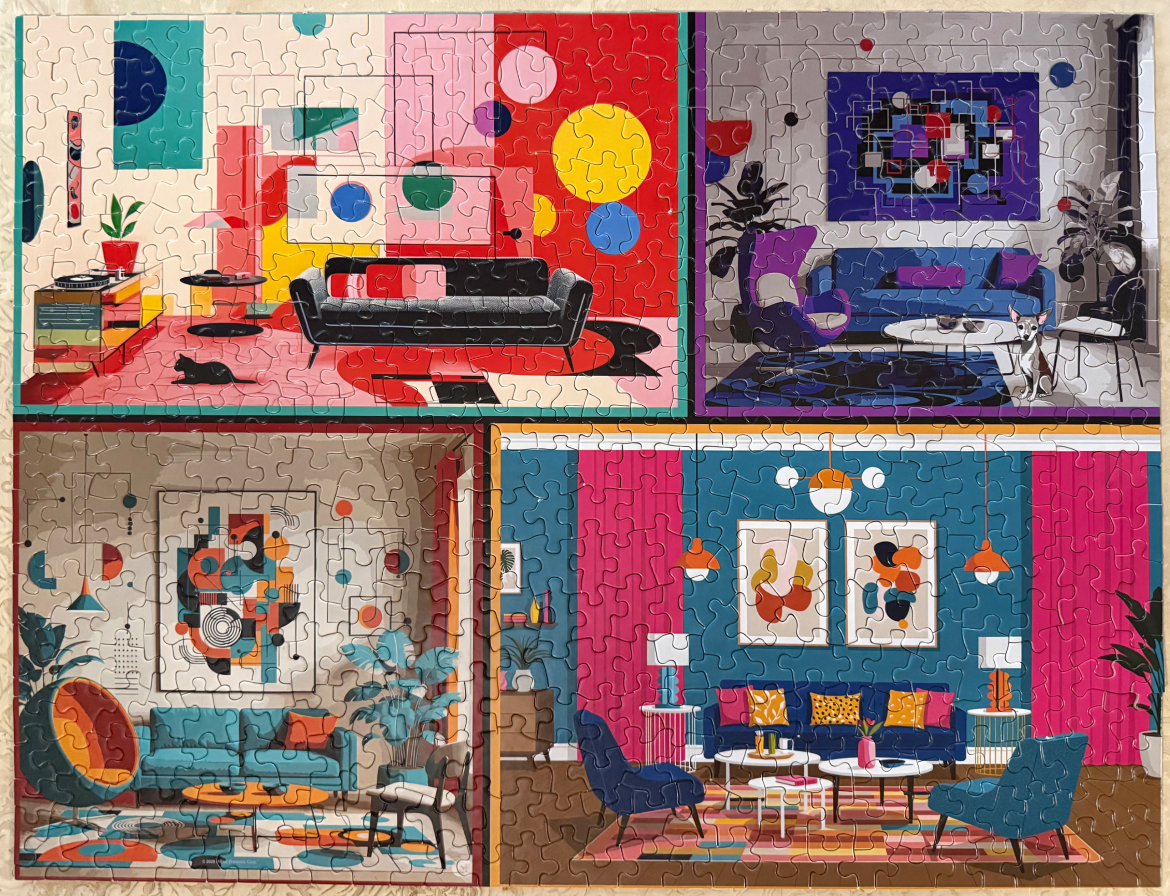 A four-panel digital illustration showing four distinct, colorful, modern living room interior designs.