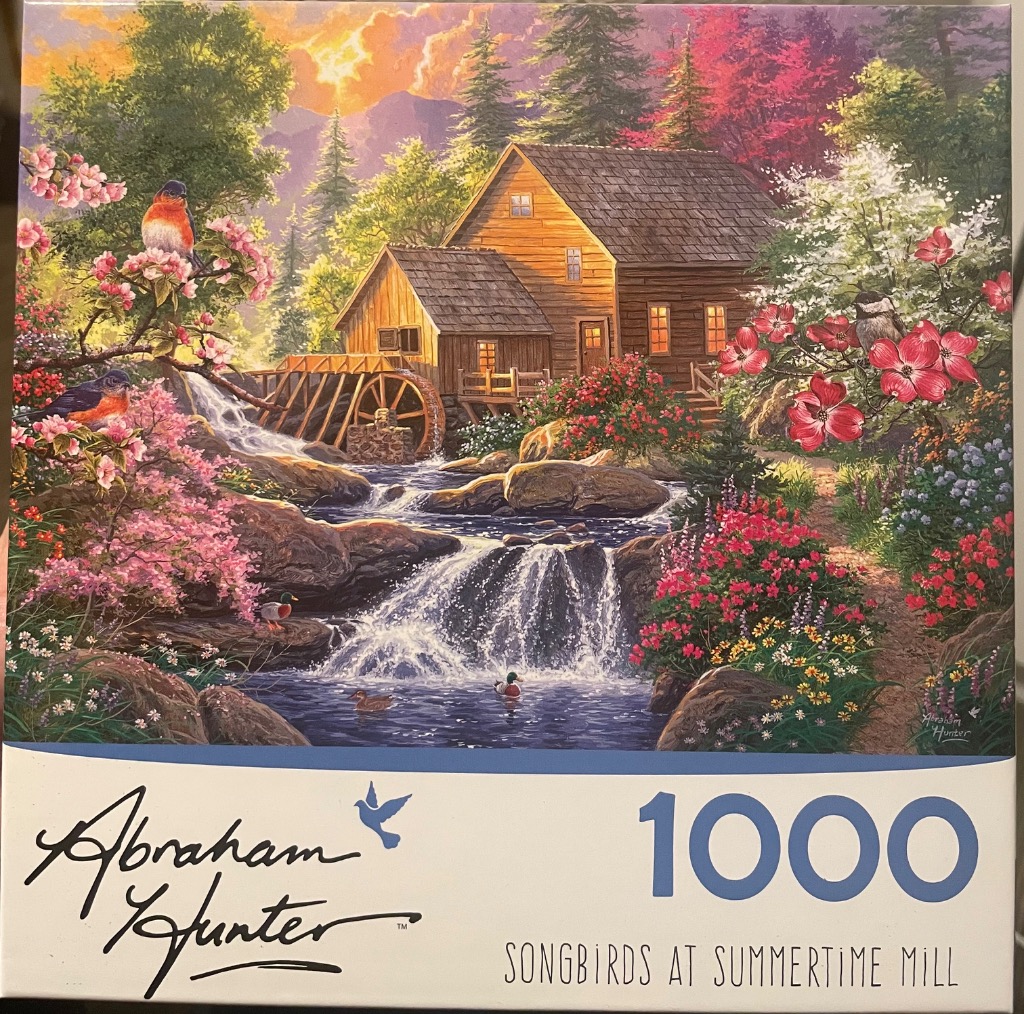 An oil painting of a rustic wooden mill by a waterfall surrounded by blooming trees and birds at sunset.