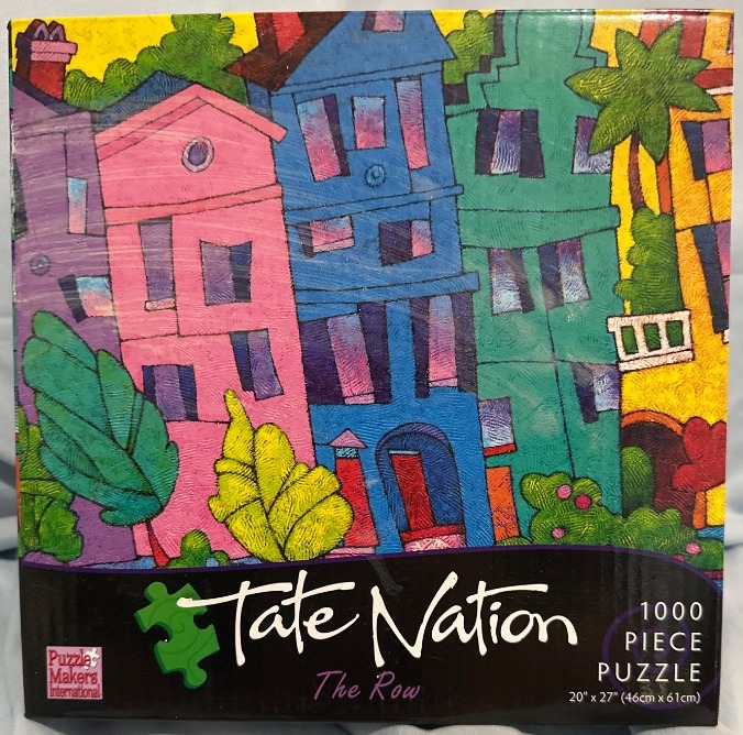 Stylized illustration of a row of brightly colored, leaning townhouses in a whimsical, textured art style.