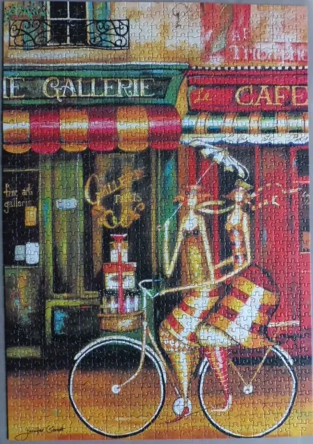 Whimsical painting of two stylized women riding a bicycle past a Parisian gallery and cafe.
