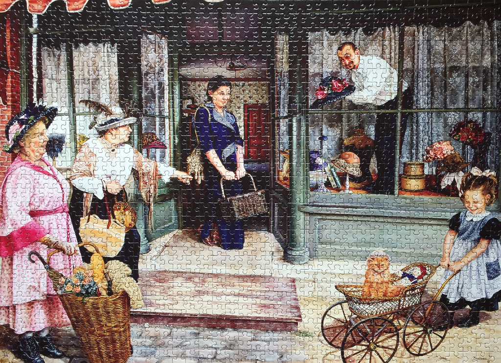 Illustration of women shopping in front of a vintage hat shop window.